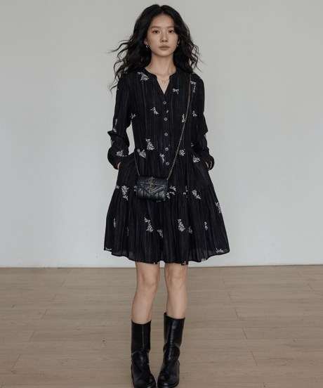 Flower Embroidery Sheer Tiered Dress