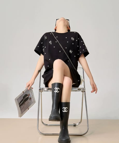 Rhinestone T-shirt Dress  / 2colors