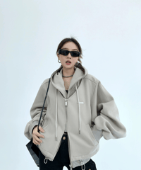 Layered-Style Oversized Double-Zip Hoodie  / 2colors