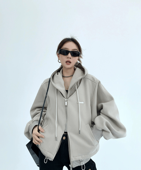 Layered-Style Oversized Double-Zip Hoodie  / 2colors