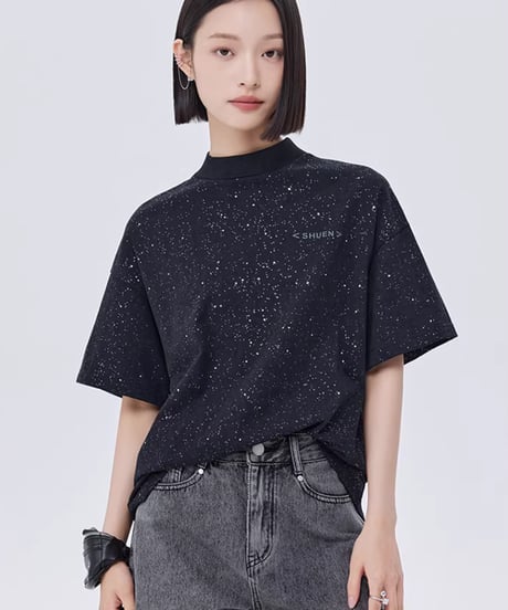 Sequin Mock Neck Short-Sleeve T-Shirt