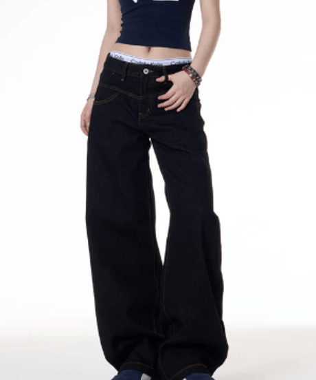 Wide Curved Loose Denim Pants
