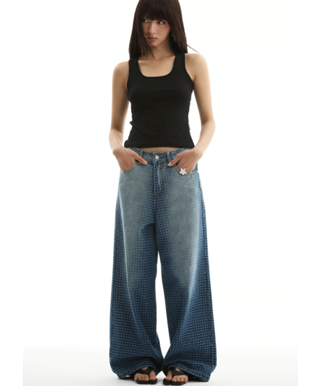 Grid Pattern Wide Straight Denim
