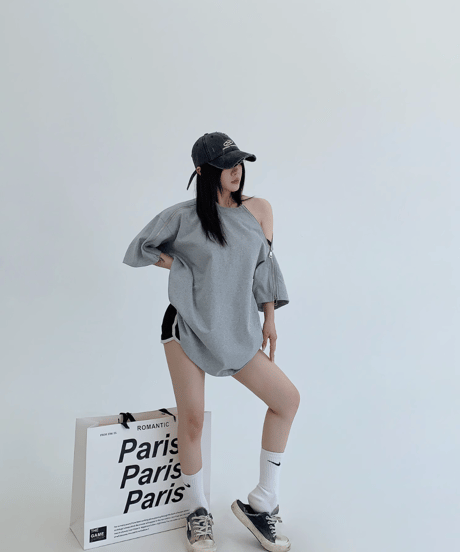 Shoulder Zip Oversize Tee  / 2colors