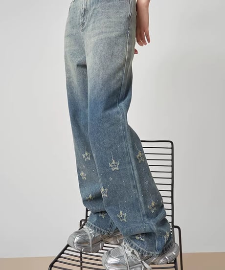 Gradient Star Motif Wide Denim Pants
