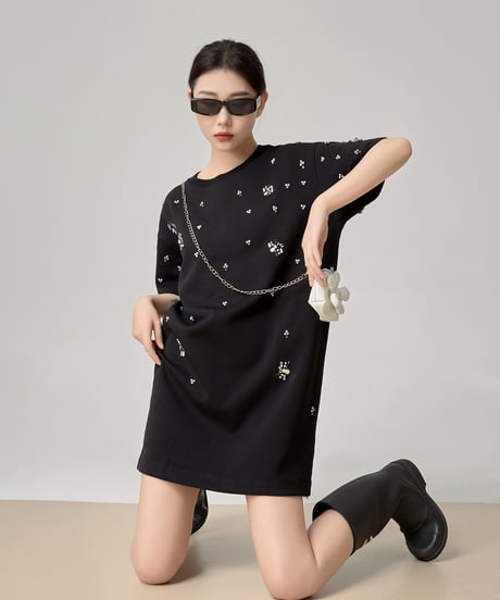 Crystal Bijou Mini T-Shirt Dress / 2colors