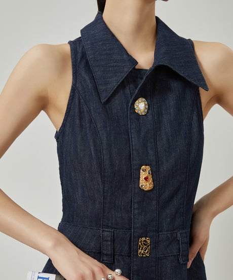 Gold Button Denim Sleeveless Dress