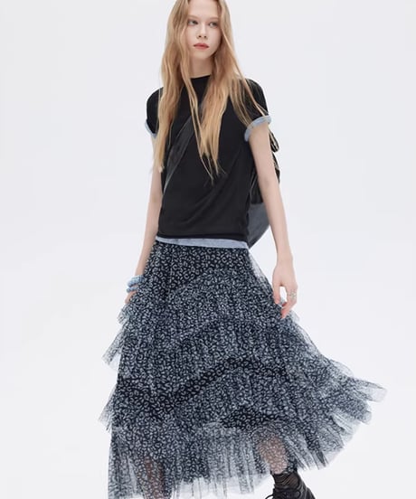 Flower Mesh Tiered Long Skirt