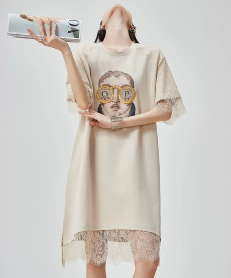 Artistic Graphic Lace Trim T-Shirt Dress