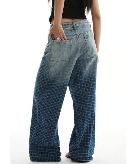 Grid Pattern Wide Straight Denim