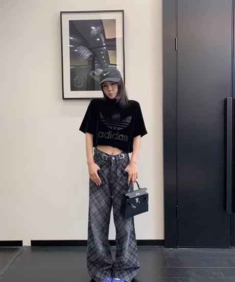 Plaid Pattern Wide Leg Denim Pants / 2colors