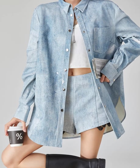 Light Denim Oversized Shirt & High-Waist Shorts Set