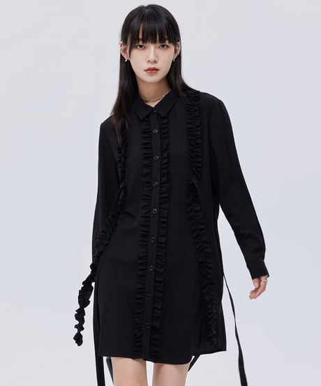 Small Frill Vertical Line Shirt Dress