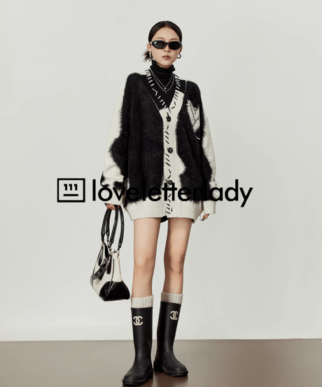 V-Neck Color Block Shaggy Knit Cardigan