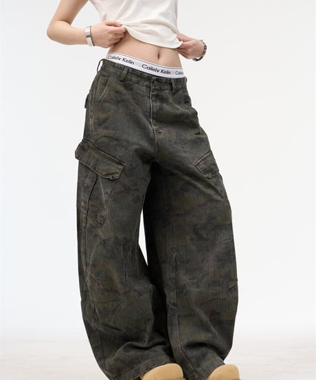 Camouflage Wide Cargo Denim Pants