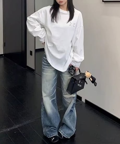 Vintage-Wash Distressed Wide-Leg Denim Pants / 2colors