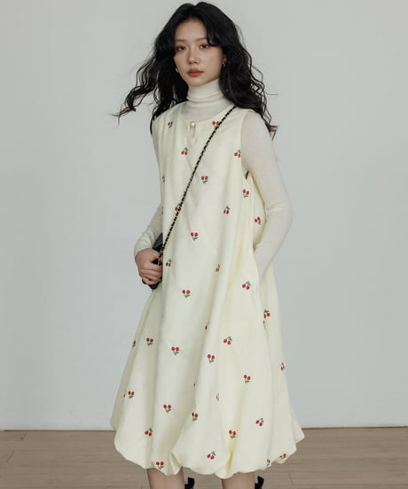 Cherry Embroidery Balloon Onepiece