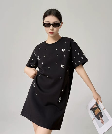Crystal Bijou Mini T-Shirt Dress / 2colors