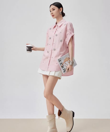 Flower Bijou Puff Sleeve Shirt