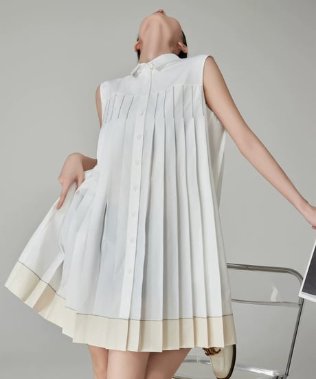 Two-Tone Pleated Sleeveless Dress