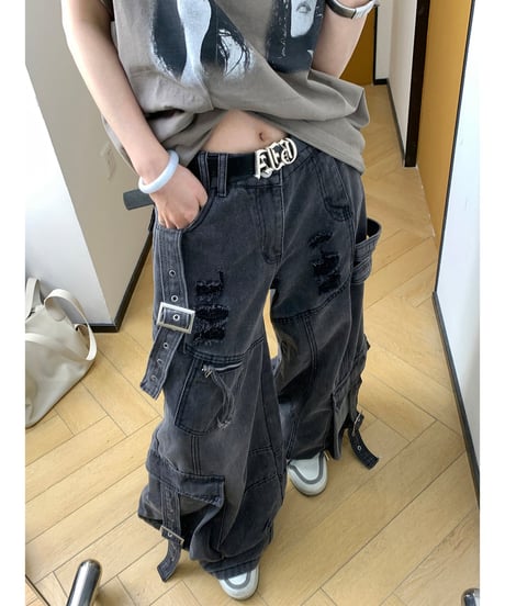 Damage Distressed Oversized Cargo Denim Pants / 2colors