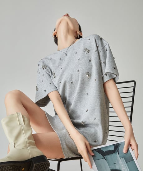 Rhinestone T-shirt Dress  / 2colors