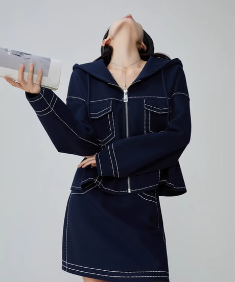 Stitch Design Denim-Style Hooded Jacket & Mini Skirt Set