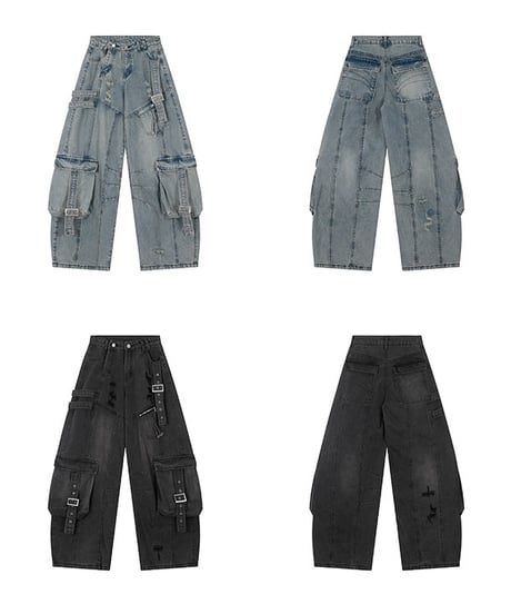 Damage Distressed Oversized Cargo Denim Pants / 2colors