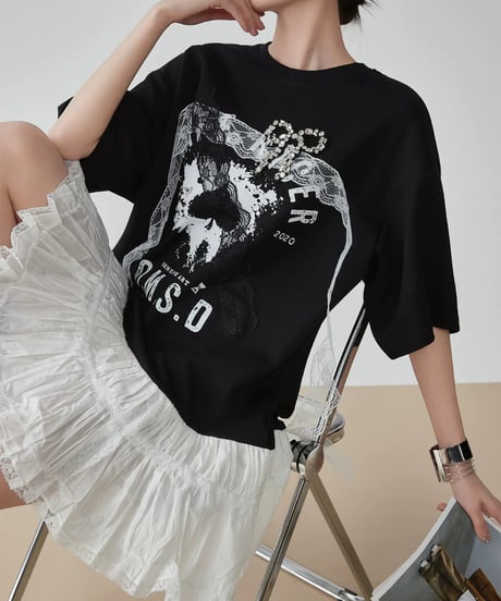 Graphic Print Lace Docking T-Shirt Mini Dress
