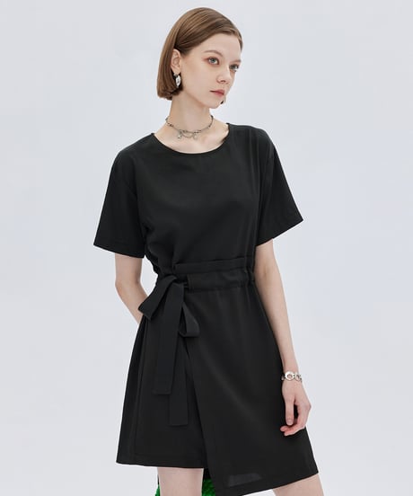 Round Neck Waist Ribbon Mini Dress