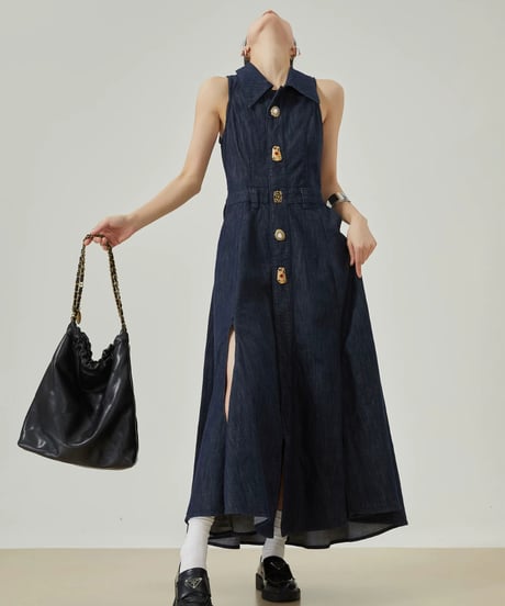 Gold Button Denim Sleeveless Dress