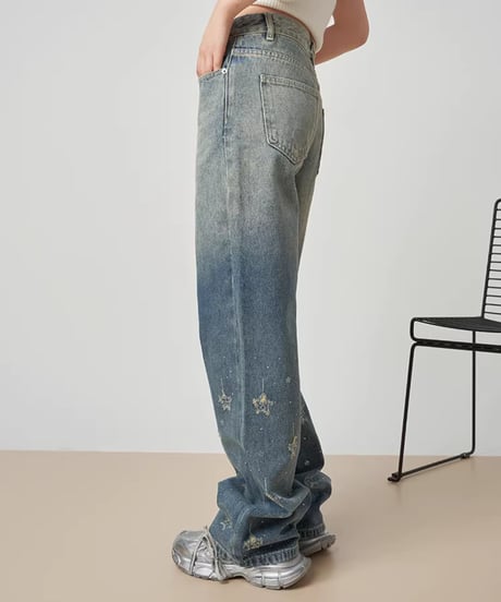 Gradient Star Motif Wide Denim Pants