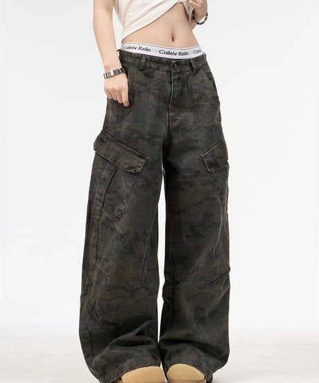 Camouflage Wide Cargo Denim Pants