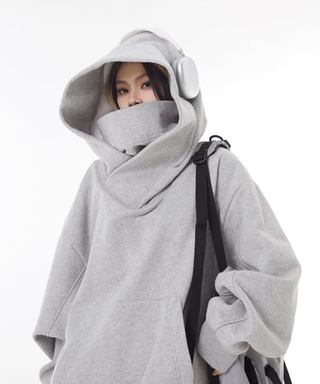 High-Neck Oversized Hooded Sweatshirt with Voluminous Hood / 2colors