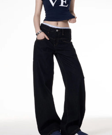 Wide Curved Loose Denim Pants