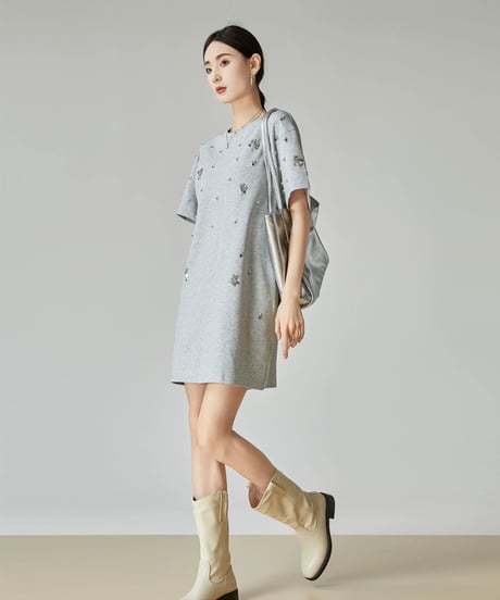 Rhinestone T-shirt Dress  / 2colors