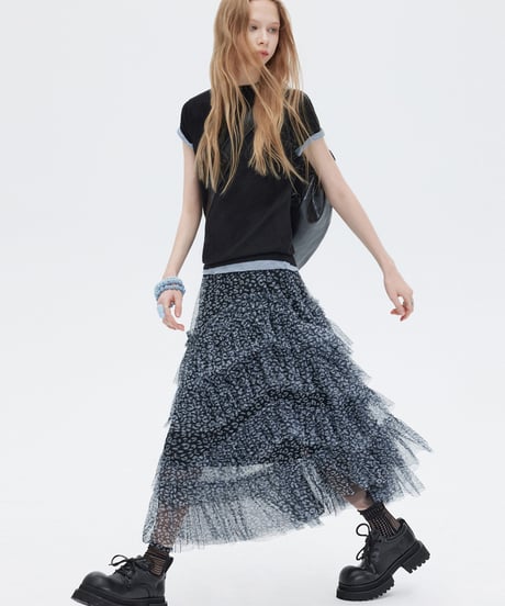 Flower Mesh Tiered Long Skirt