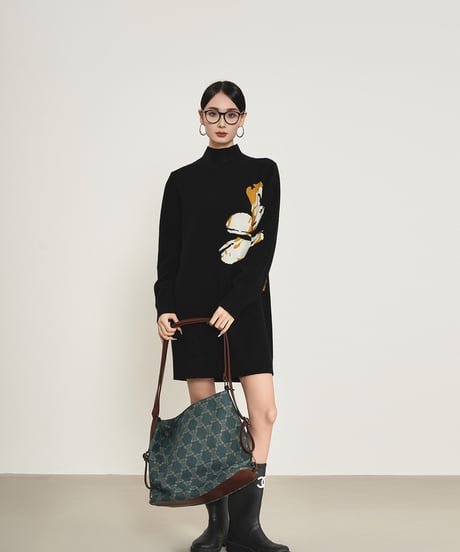 Big Flower Print Mock Neck Knit Mini Dress