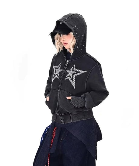 Rhinestone Star Vintage Zip-up Hoodie