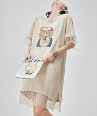 Artistic Graphic Lace Trim T-Shirt Dress