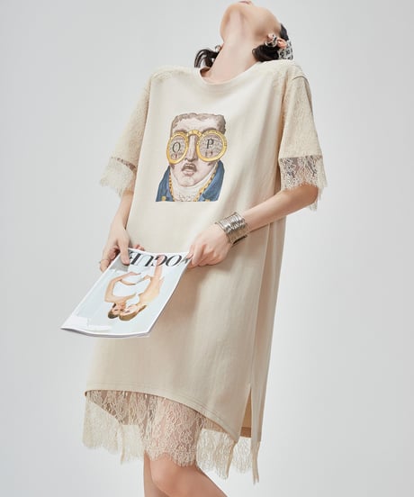 Artistic Graphic Lace Trim T-Shirt Dress
