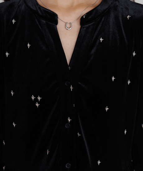 Star-Embroidered Velvet Tiered Long Dress