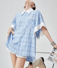 Contrast Collar Plaid Cleric Shirt