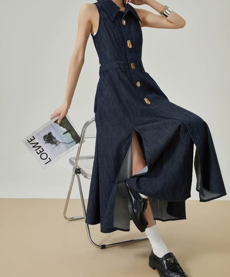 Gold Button Denim Sleeveless Dress