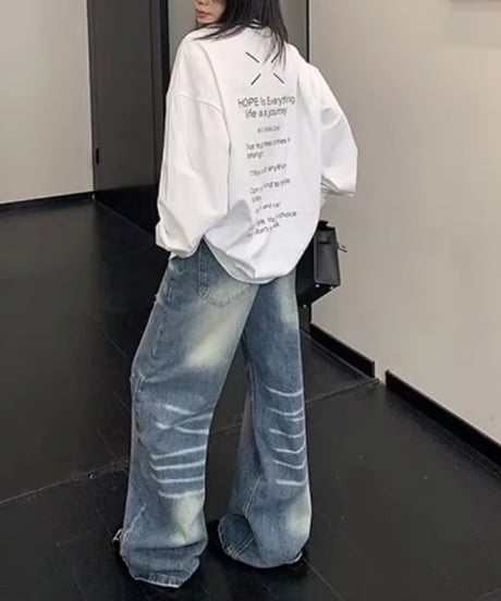 Vintage-Wash Distressed Wide-Leg Denim Pants / 2colors