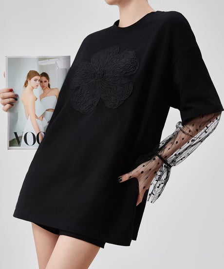 Floral Embroidery Lace Sleeve Oversized T-Shirt
