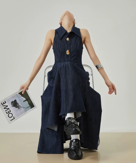 Gold Button Denim Sleeveless Dress