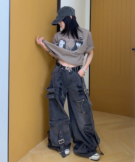 Damage Distressed Oversized Cargo Denim Pants / 2colors