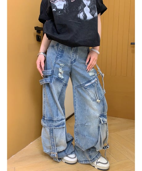 Damage Distressed Oversized Cargo Denim Pants / 2colors