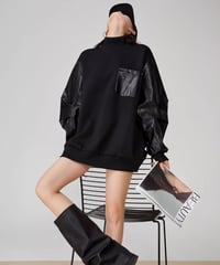 Faux Leather Sleeve High Neck Oversized Sweatshirt